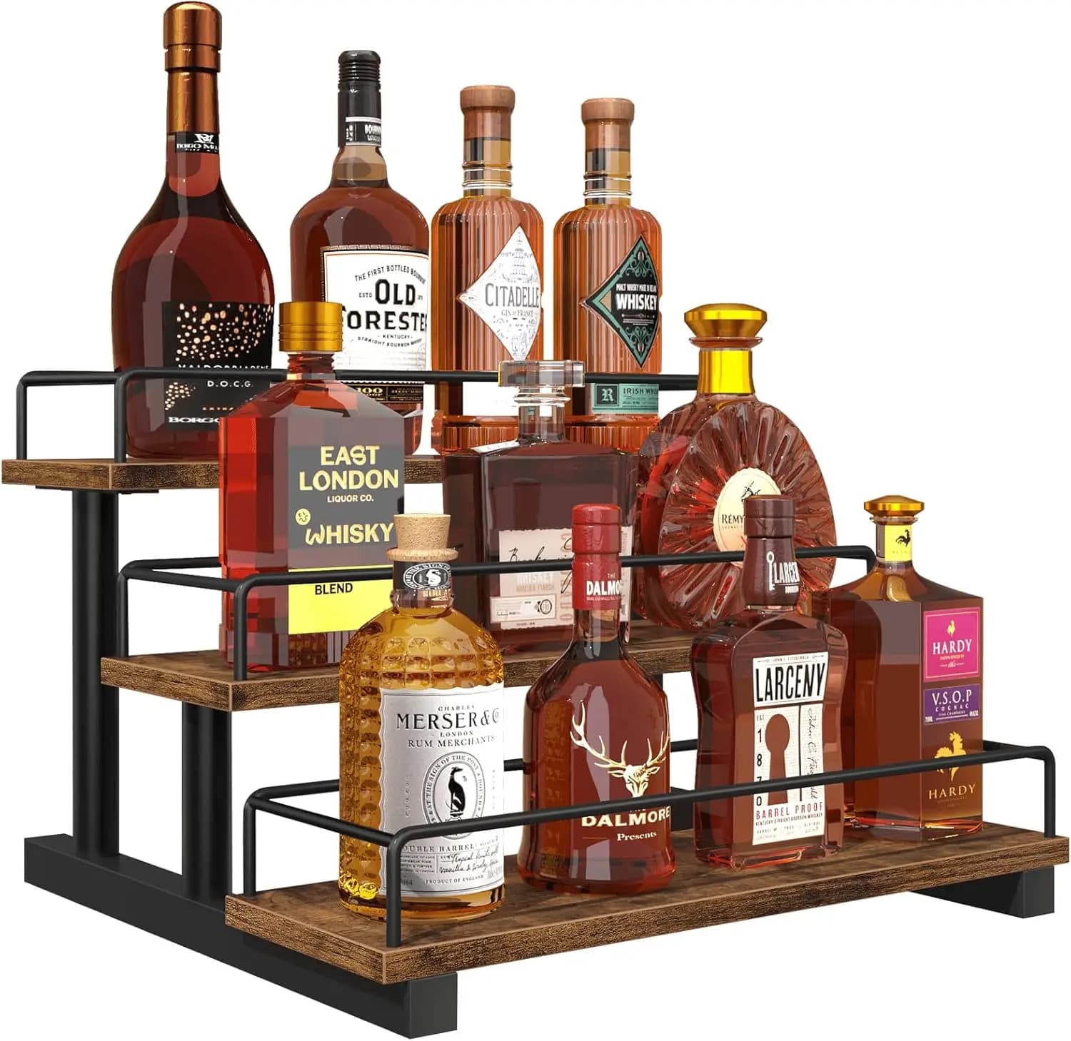 3-level rustic brown display for liquor bottles, coffee maker for bar counter
