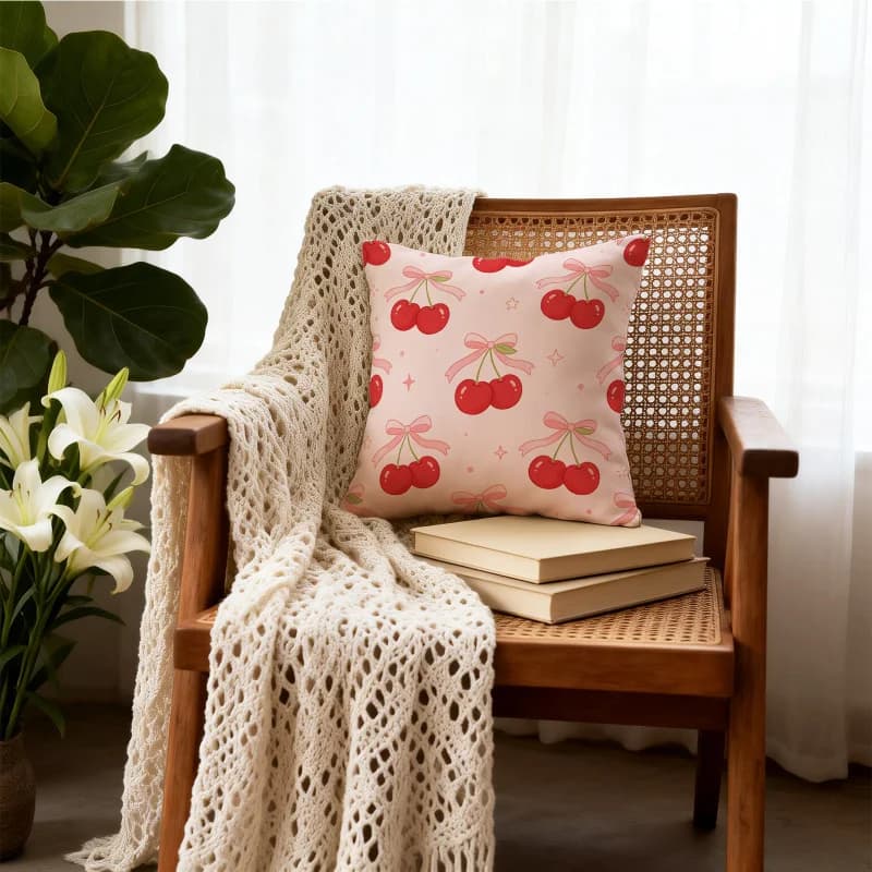 Pastel Pink Cherry Bow 18x18 Inch Throw Pillow Sweet Coquette Aesthetic Cushion Soft Stuffed Pillow for Living Room Office Chair