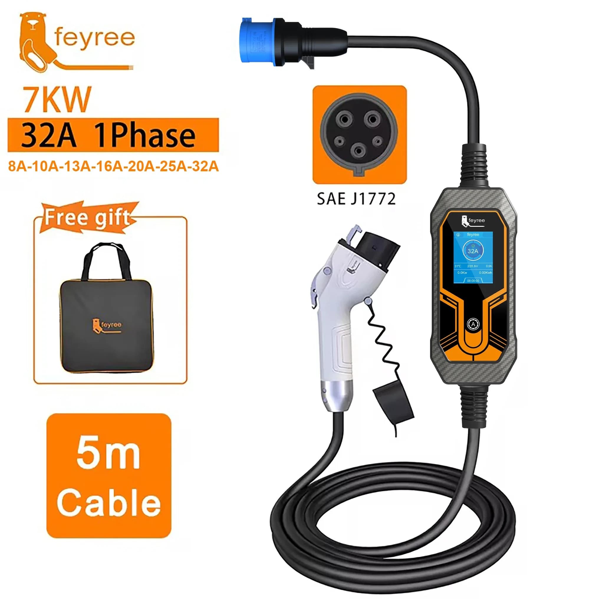 Caricatore EV Portatile Feyree Tipo 1 J1772 7kW 32A Monofase con Spina CEE, Box di Ricarica EVSE per Auto Elettriche con Cavo da 5m
