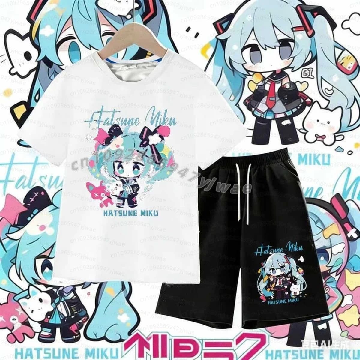 Set di t-shirt e pantaloncini da uomo Hatsune Miku dell'anime giapponese, T-shirt Harajuku Street Fashion, top a maniche corte, tuta in 2 pezzi