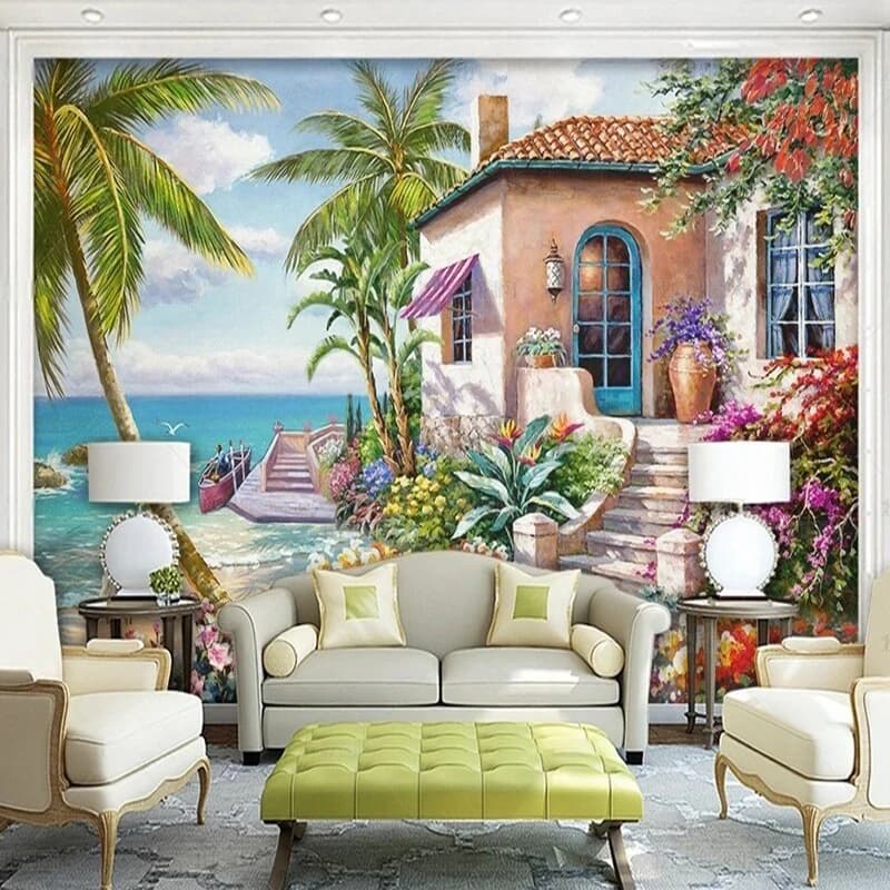 Modern and beautiful water bathing villa landscape oil painting TV luxury home decoration wallpaper mural