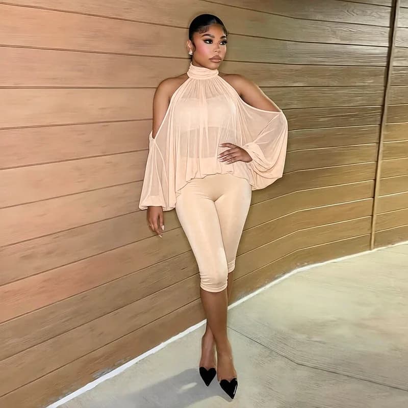 Tube + Turtleneck Cold Shoulder Batwing Sleeve See Through Mesh Blouses Top + Skinny Knee Length Pants Women 3 Piece Set Suits