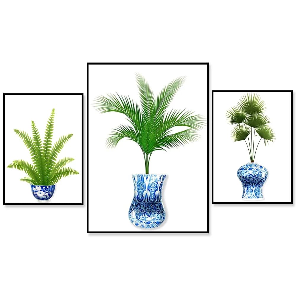 Chinese style blue pots and tropical plant prints, blue vases, living room printable wall art, Chinese style posters