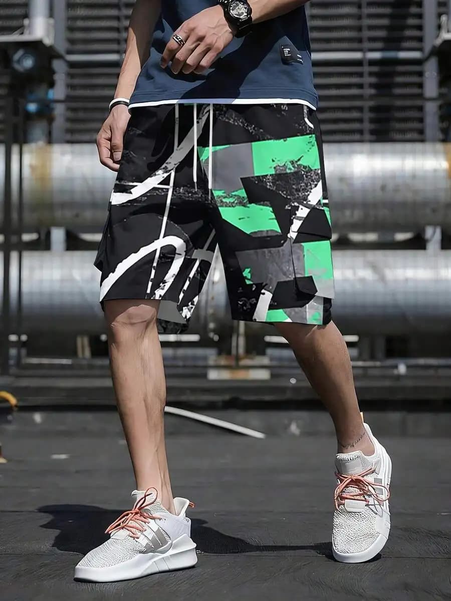 Mens Black Green Geometric Graffiti Print Workwear Shorts With Drawstring And Pockets
