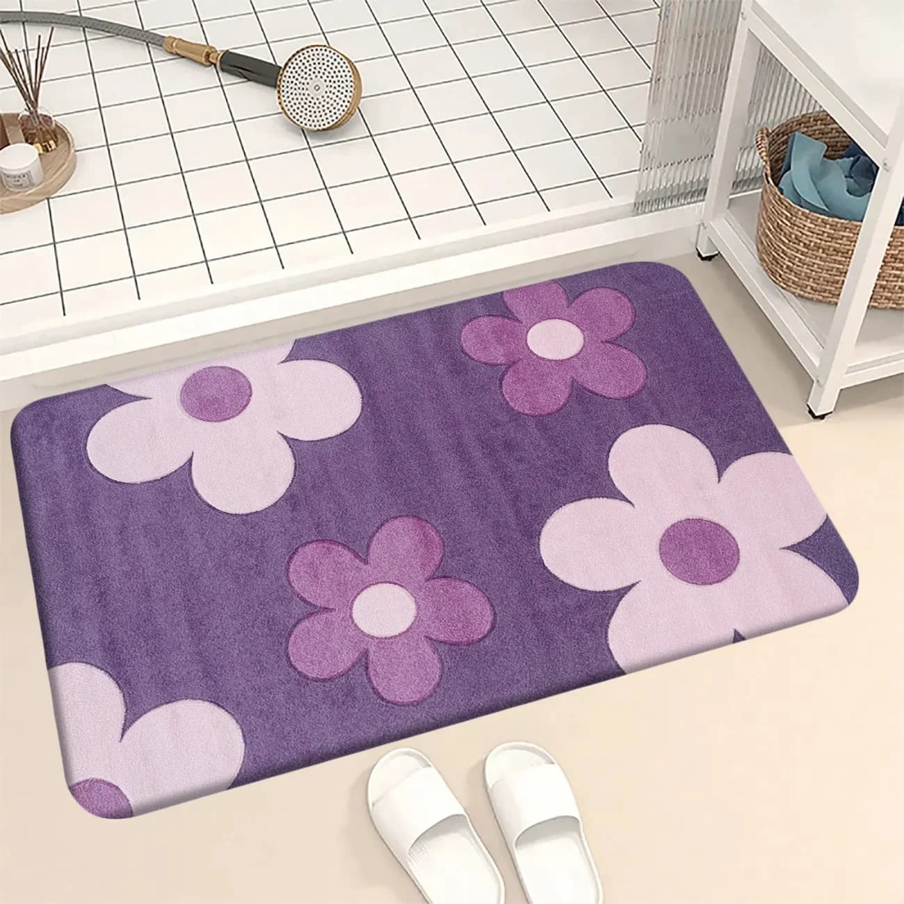 Purple Flower Print Flannel Rug Non-Slip Absorbent Soft Bath Mat for Bathroom Entryway Kids Room Home Decoration 50x80cm