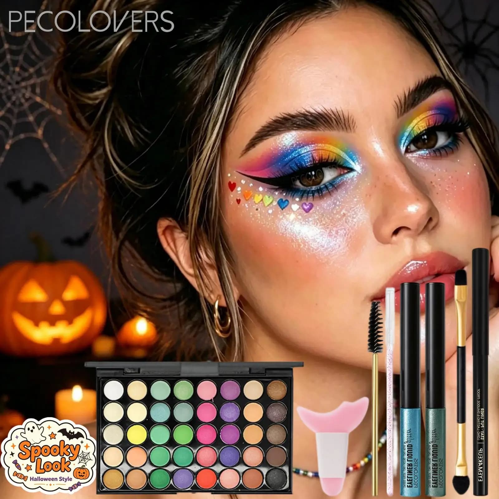 8PCS Halloween Spooky Eye Makeup Kit,Vibrant Eyeshadow Palette, Liquid Eyeliner, Black Gel Eyeliner With 4 Eye Makeup Tool,