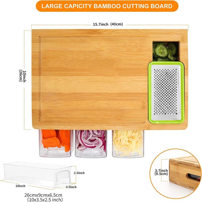 Multifunctional Bamboo Cutting Board with Storage Drawers & 4 Grater Blades Vegetable Chopping Slicing Block