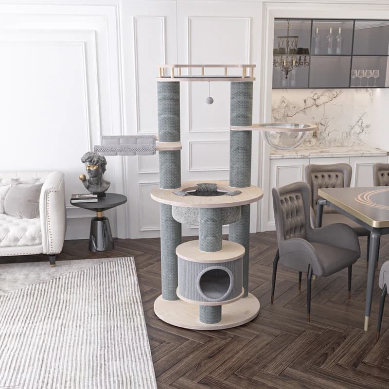 Lussuoso Albero per Gatti Beige Alto e Grande con Amaca e Pali in Sisal, Arredamento per Gatti
