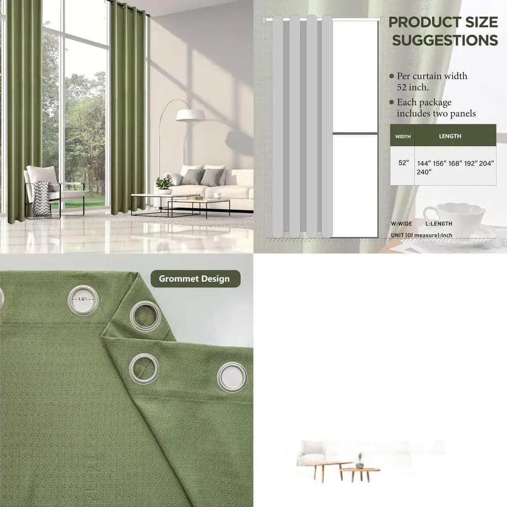 Green Semi-Transparent Linen Curtains 52x240 High Top Ceiling Clamps, Curtains for Living Room
