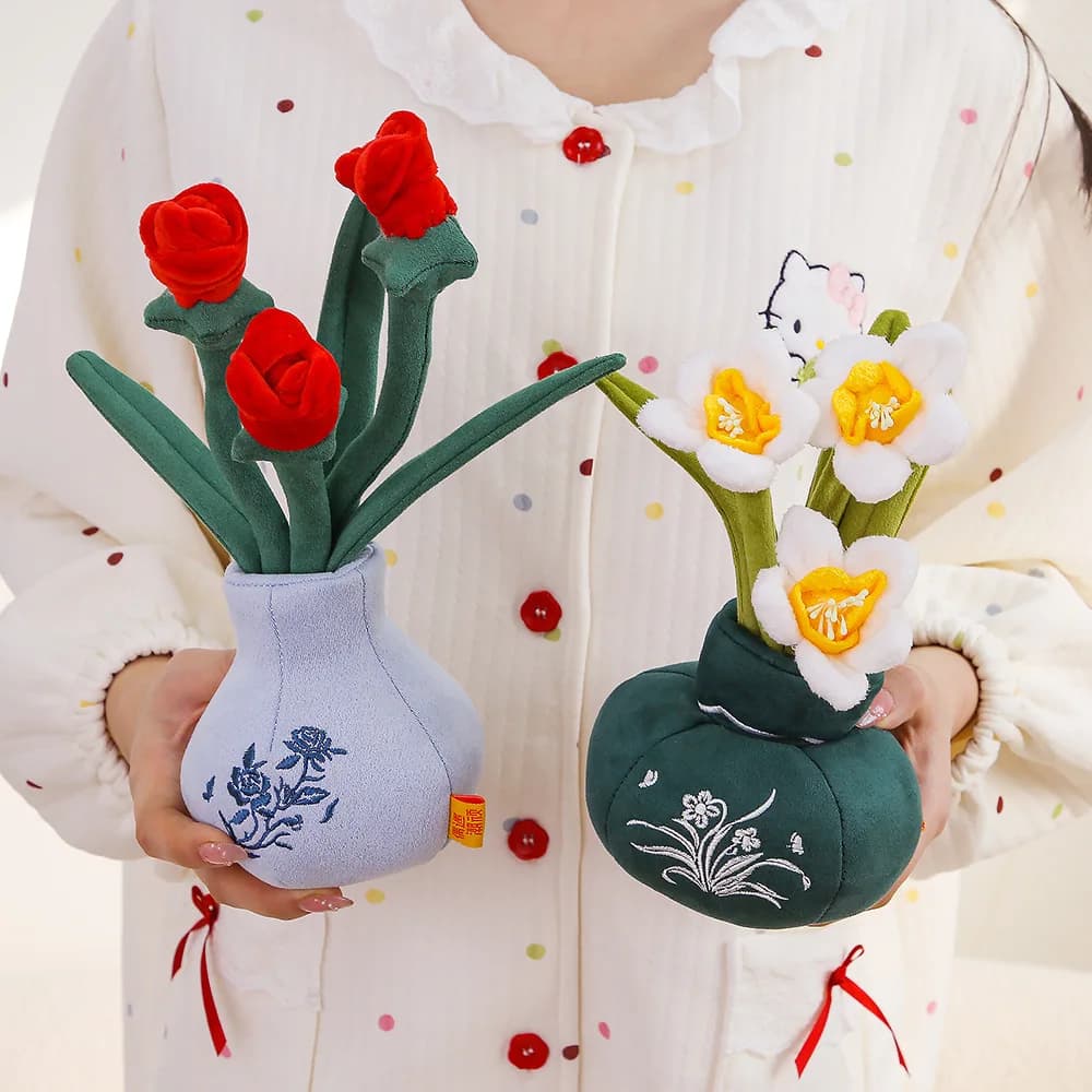New Plush Dolls with Artificial Flowers - Plush Toys in Vase for Table Decorations and Living Room with Rose Ornaments
