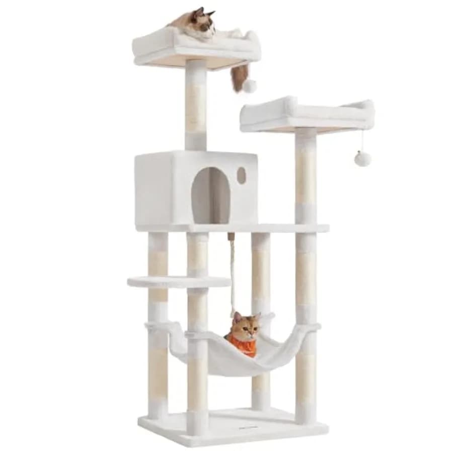 Albero per Gatti Multilivello da 56,3 Pollici con Finitura Bianco Crema, 11 Tiragraffi, 2 Posizioni di Riposo, Amaca e Cuccia per Gatti
