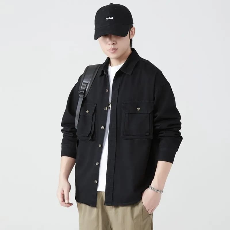 Men's pure cotton tool shirts spring autumn streetwear fashion vintage casual loose sleeve long jacket cargo jacket blouse new