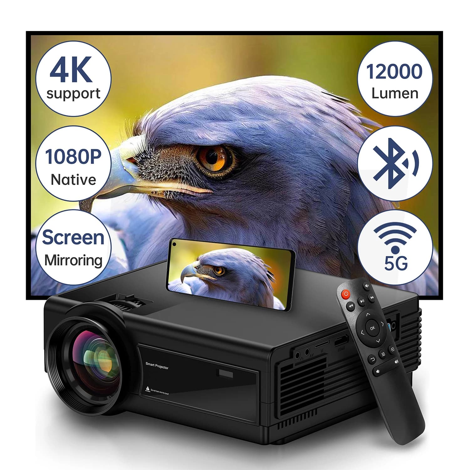 Proiettore nativo 1080P con WiFi 5G, supporto 4K, proiettore portatile con mirroring dello schermo, proiettore per film