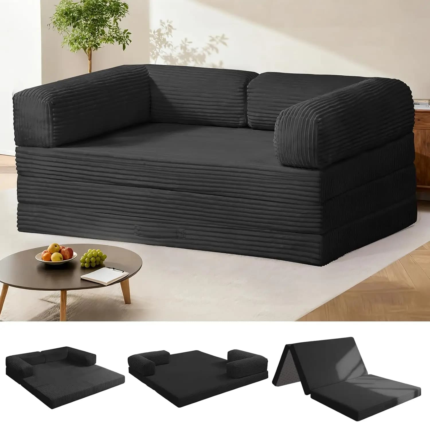 Materasso Pieghevole a Tre Sezioni Convertibile in Divano Letto con Braccioli Rimovibili e Rivestimento Lavabile, Tutto in Uno, Materasso Portatile da Pavimento