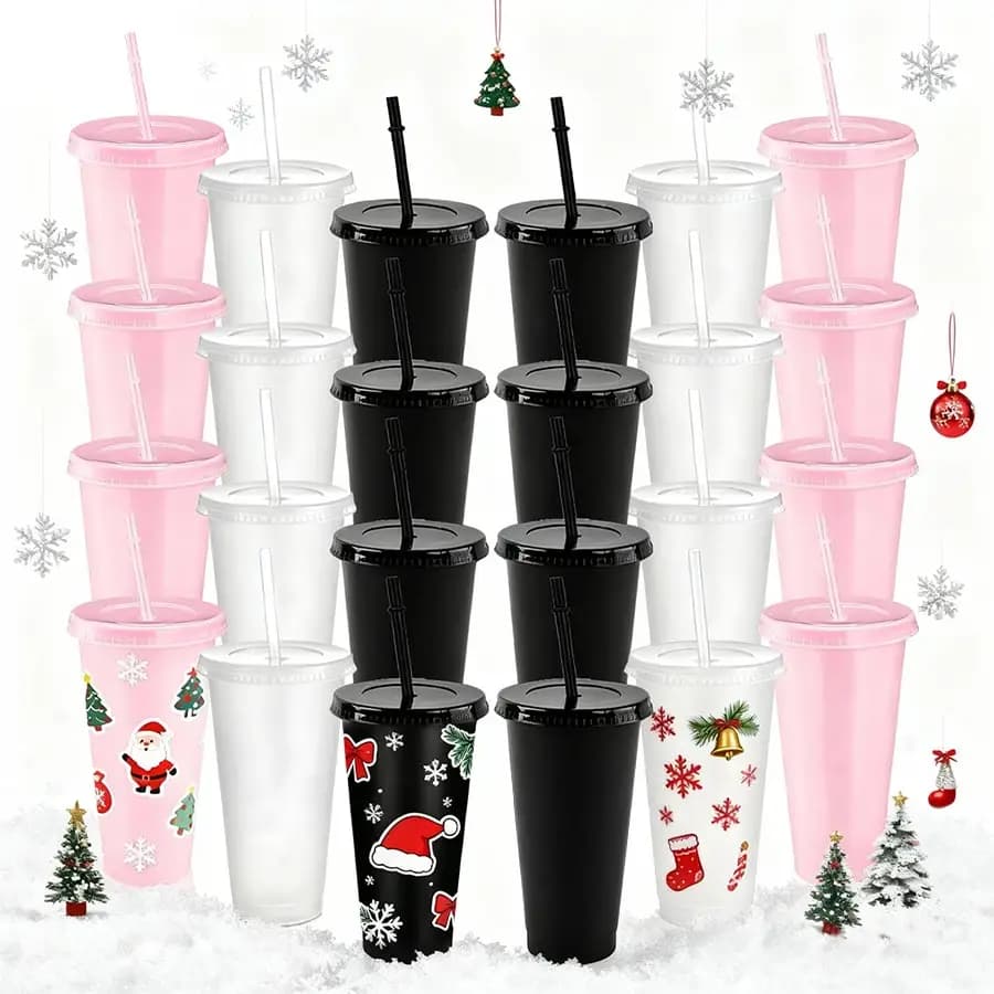 24-Pack Reusable Plastic Sports Cups - Pink, Black, And Clear Pastel Colors - Portable Coffee And Party Cups, Camping Water Bottles, Easy-To-Clean DIY Drink Cups For Weddings, Birthdays, Anniversaries, Picnics, And Easter (24oz)