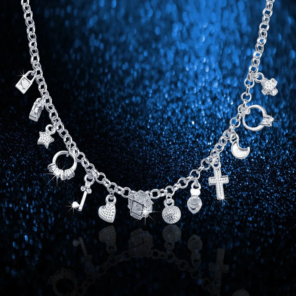 Marchi popolari Collana a catena classica in argento sterling 925 con pendente multi-elemento per le donne Gioielli moda croce/luna/stella/serratura