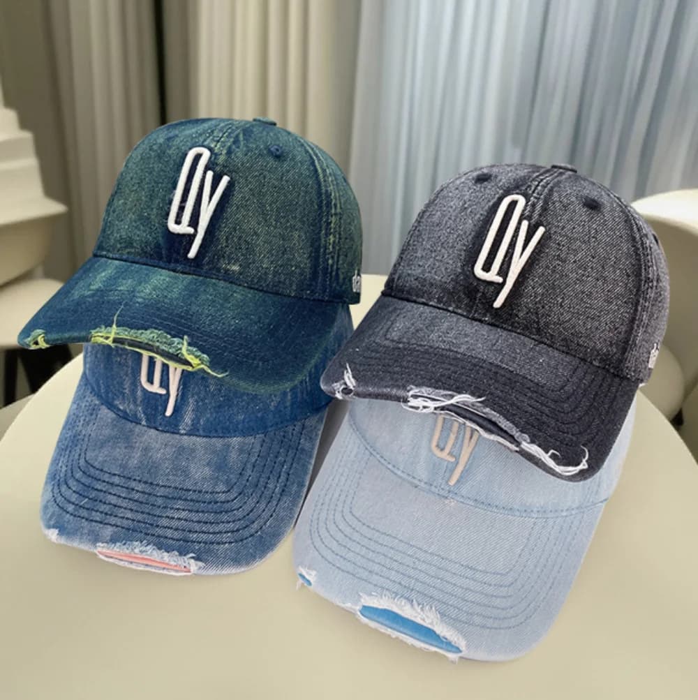 Retro Washed Distressed Denim Baseball Cap with Patch Holes and Embroidered Letter 'QY' - Soft Top Casual Beanie Hat