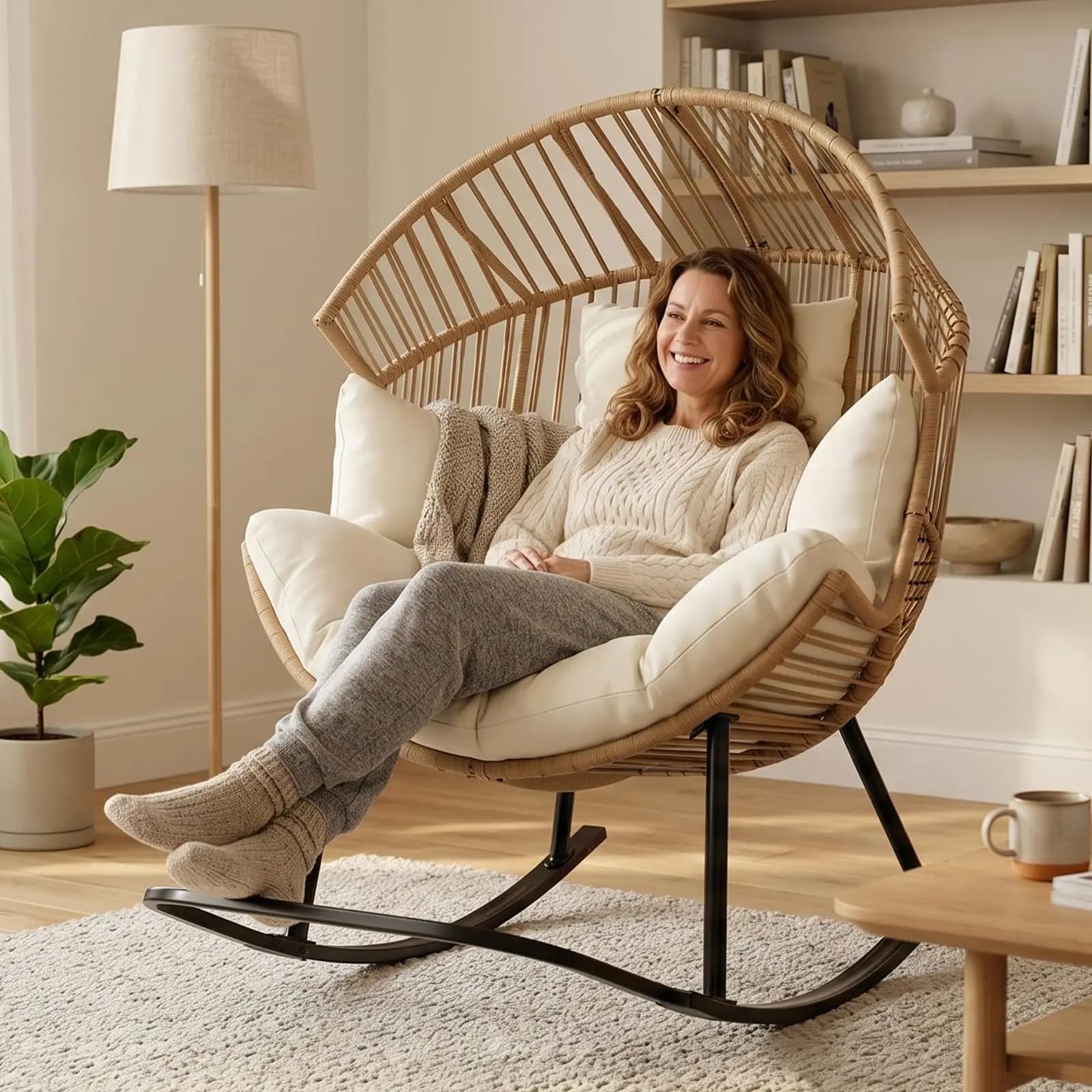 Oversized Ergonomic Wicker Rocking Egg Chair Natural Rattan Lounge Rocker With Extra Soft Pillow And Thick Cream Cushion For Indoor Outdoor Living Room Backyard Garden