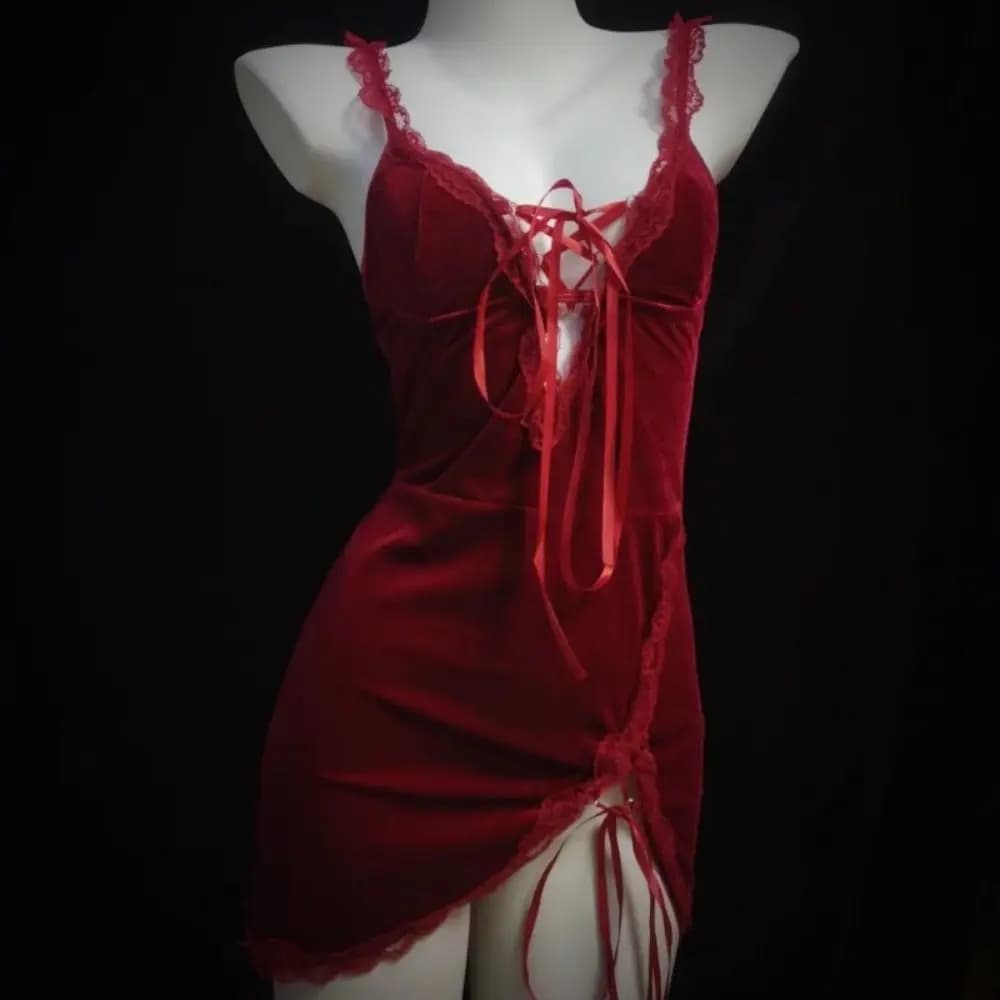 Camicia da notte da donna in pizzo con fiocco, design a forcella, sottile, senza maniche, con spalline, per casa e feste