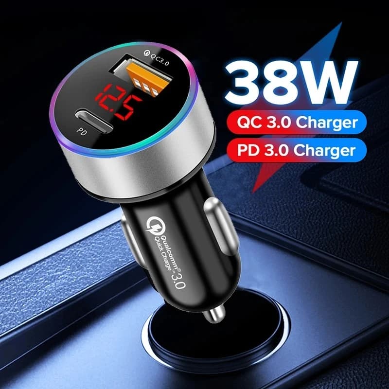 Caricabatterie per Auto PD+USB QC3.0 38W, Ricarica Rapida, Adattatore per Accendisigari 12-24V con Display Voltmetro LED