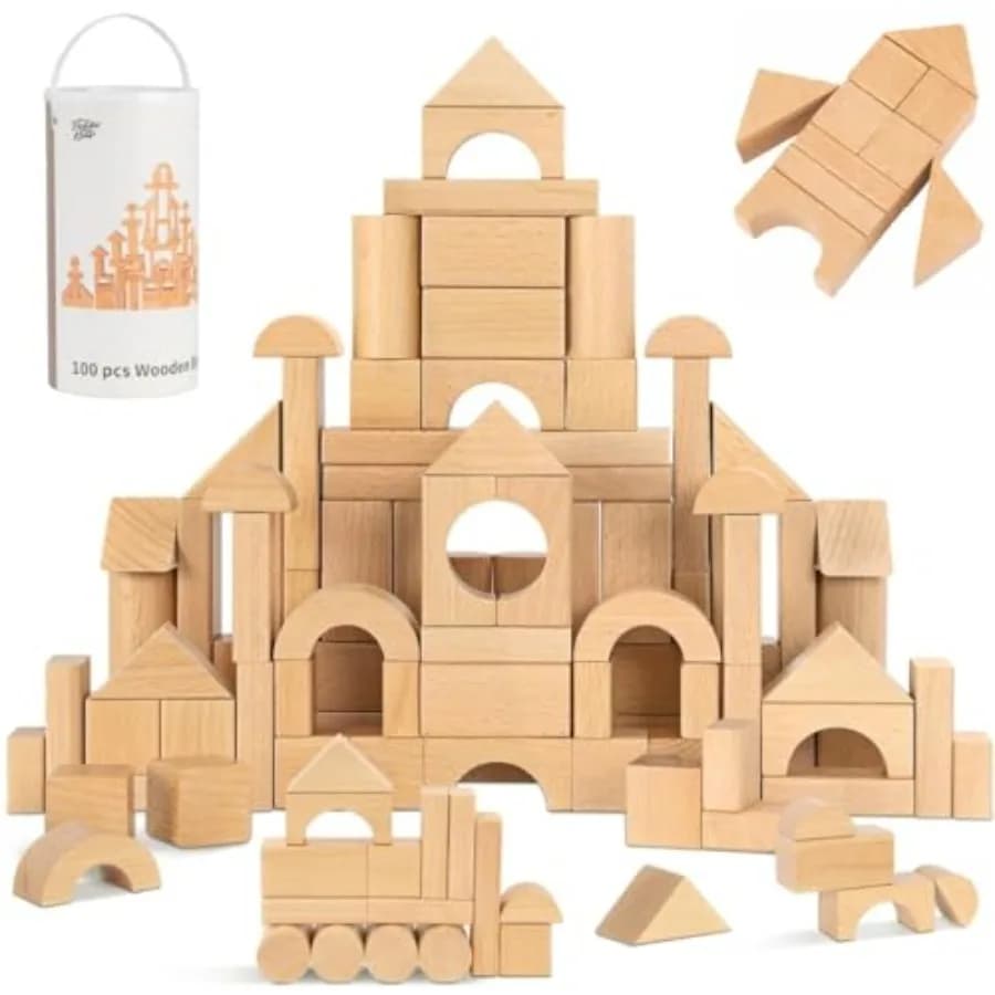 100 Pezzi Blocchi di Costruzione in Legno di Faggio Naturale per Bambini 1-3 Anni, Blocchi in Legno con Secchio Portaoggetti e Coperchio con Forme da Inserire, Gioco Montessori