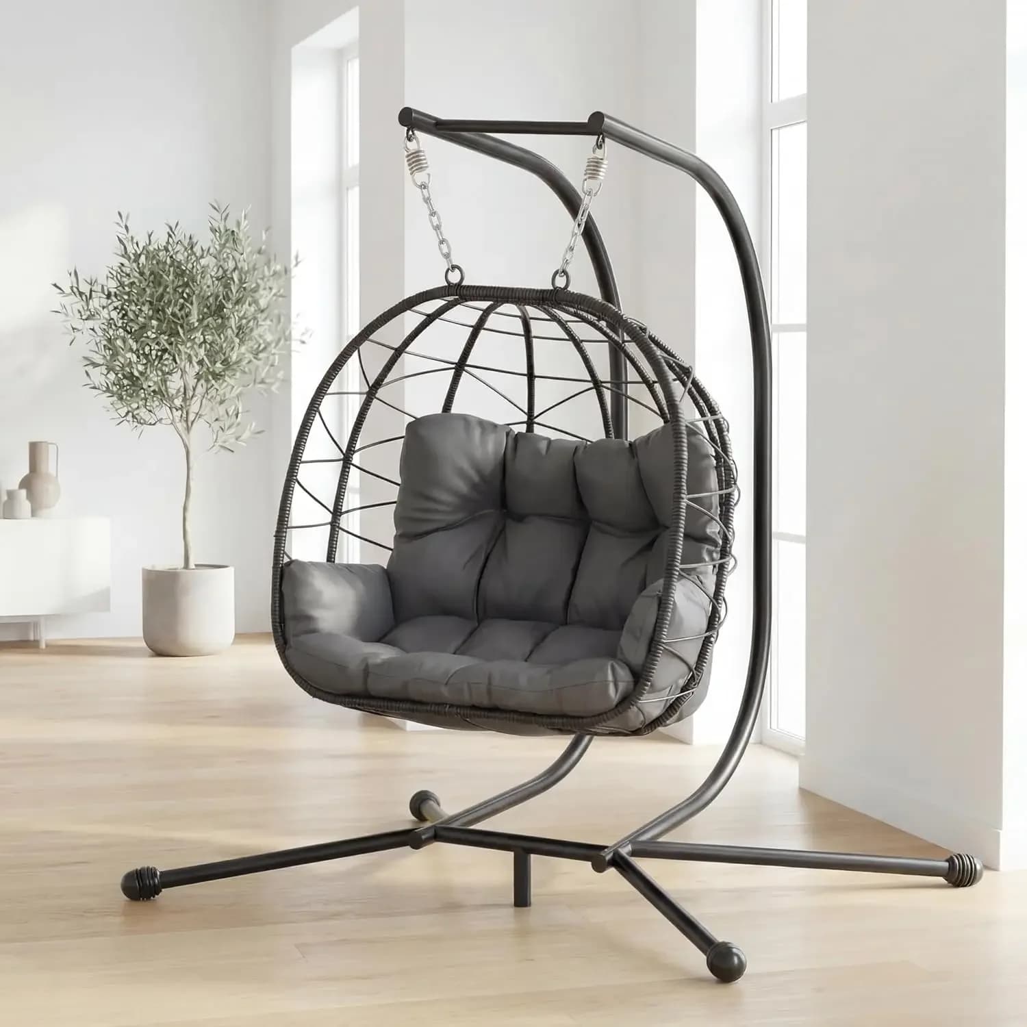 Sedia a dondolo doppia con supporto, divano a due posti in rattan da 700 libbre, cuscini resistenti ai raggi UV con braccioli e poggiatesta, struttura in acciaio spesso