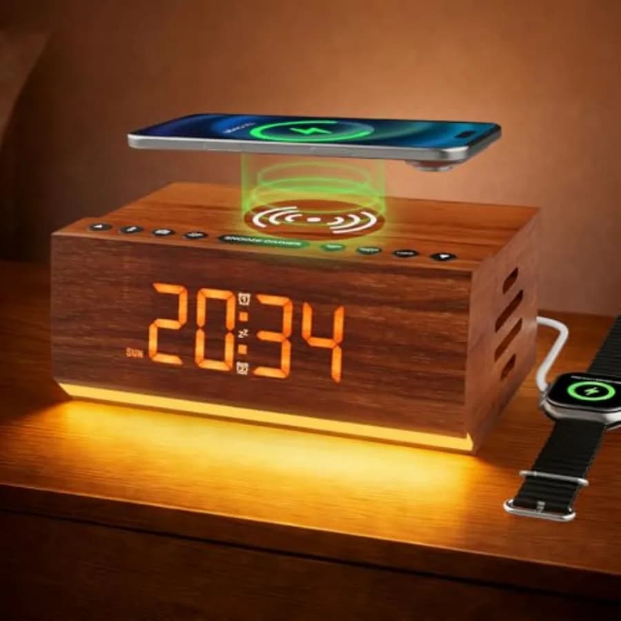 Sveglia Digitale in Legno Hoifen con Altoparlante Bluetooth, Ricarica Wireless, Radio FM, Luce Notturna, Sincronizzazione Automatica dell'Ora, Doppio Allarme