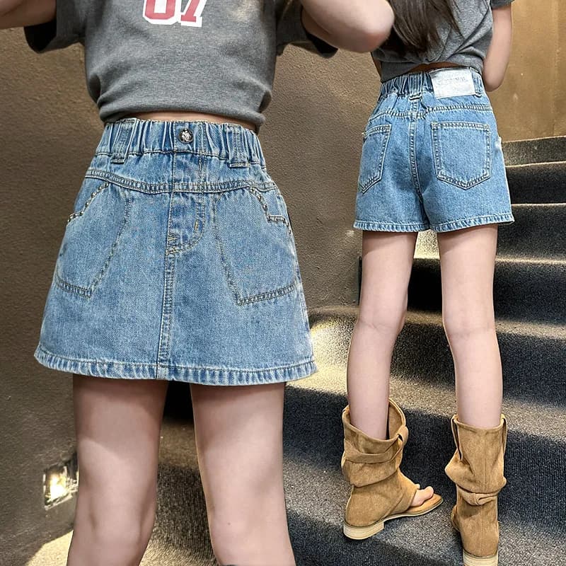 Pantaloncini gonna jeans con tasca a cuore alla moda per bambini alla moda per ragazze Tween Gonna di jeans estiva casual da strada con pantaloncini 5-14T