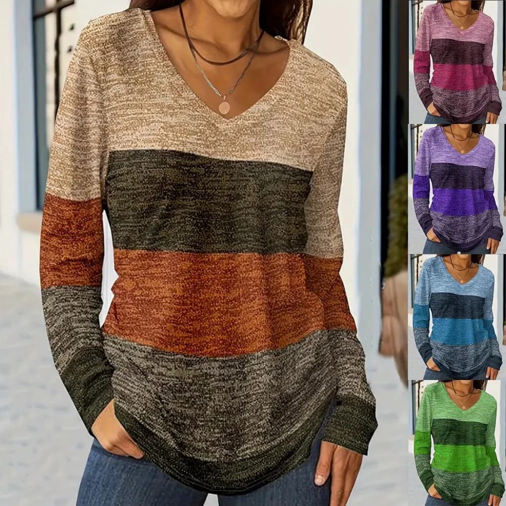 Loose Fit Long Sleeve T Shirt V Neck Digital Print Long Sleeve Tee Oversized Fit Horizontal Striped Long Sleeve Top Multicolor