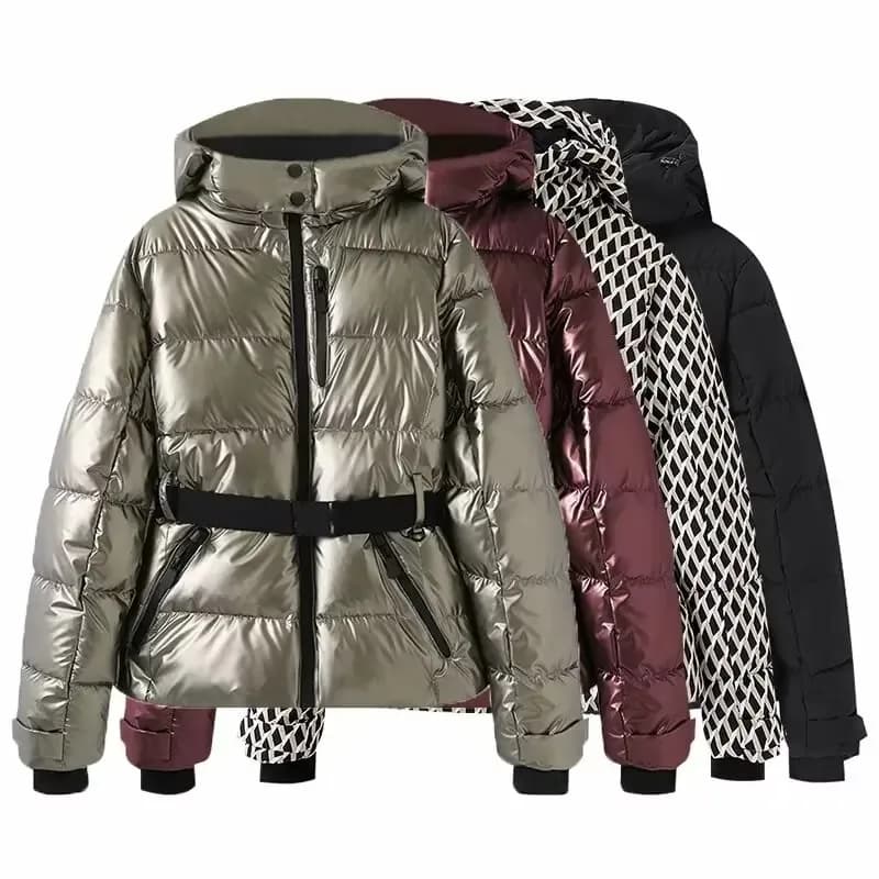 Parka sportivo imbottito a vita alta con cappuccio invernale da donna con cintura Giacche da sci antivento con tasche calde e spesse eleganti femminili