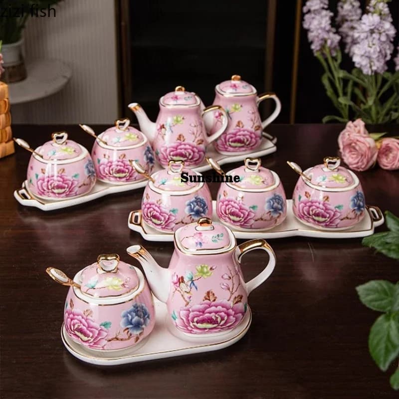 Flower Ceramic Seasoning Jar Set Salt Shaker Oil Pot Vinegar Pot Kitchen Spice Jar Seasoning Bottle Spice Box Storage JarsY
