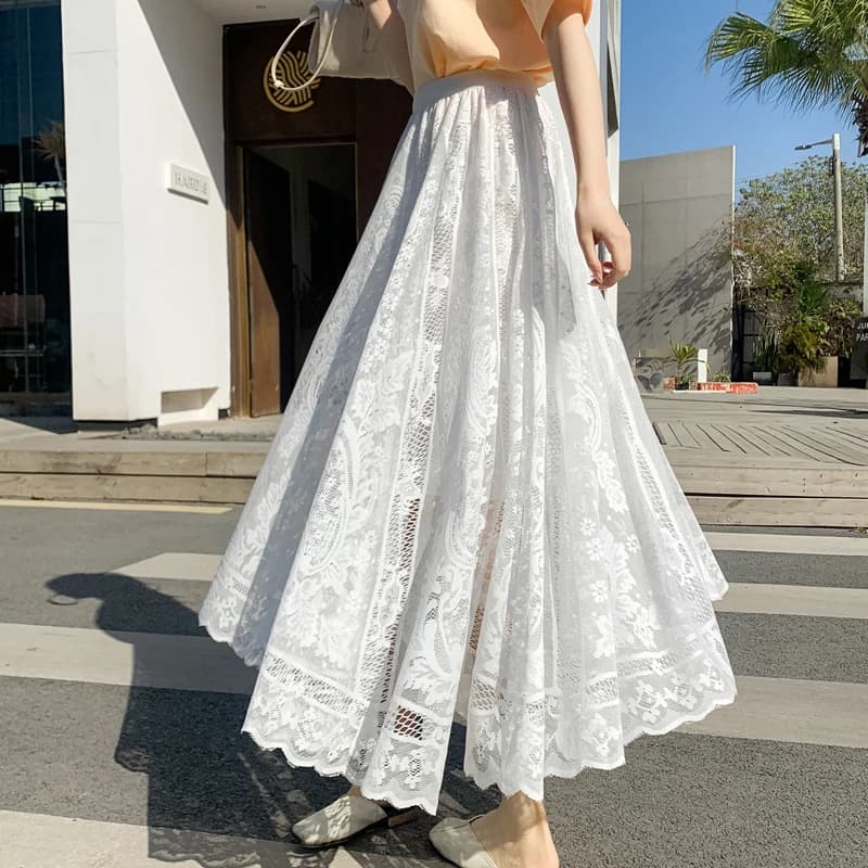 Gonna Lunga a Vita Alta in Pizzo Bianco a Rete, Modello A-Line, Nuova Collezione Primavera Autunno, Versatile e Modellante, Gonna Midi che Nasconde le Fianchi