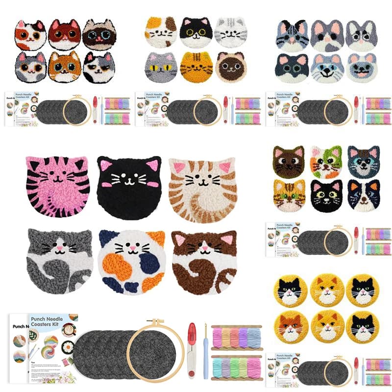 GATYZTORY 6pcs/Set Punch Needle Coaster Kit Cat Animal Punch Needle Embroidery Kit for Beginners Adult Kids Gift Home Decor