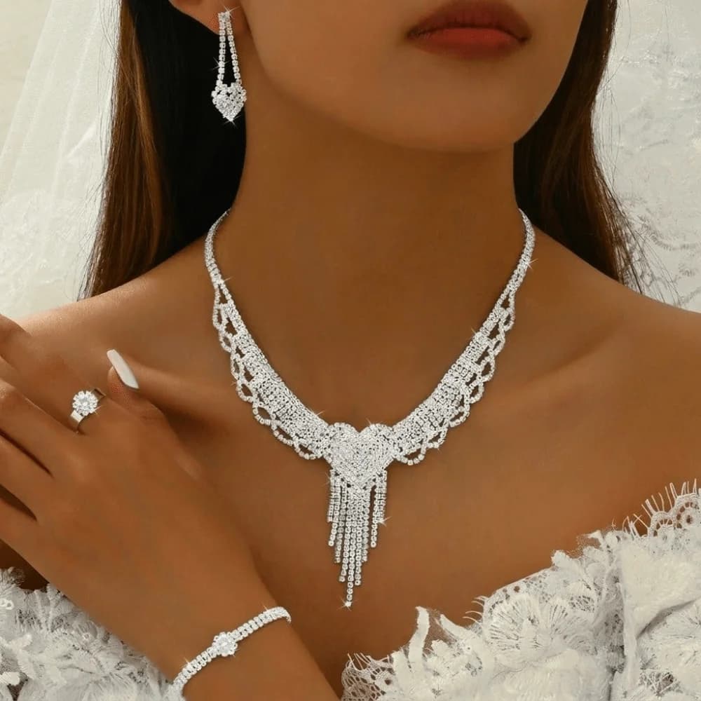 4/3/2 pcs/set Alloy Bridal Jewelry Set Exquisite Tassel Heart Necklace Silver Plated Elegant Crystal Bracelet Ring Earring Set