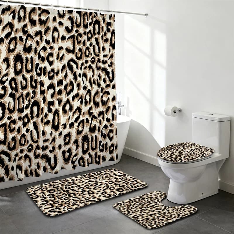 4-piece Leopard Print Bath Curtain Set with Anti-slip Bathroom Carpet Featuring Animal Prints. Suitable for Bathroom Bathtub