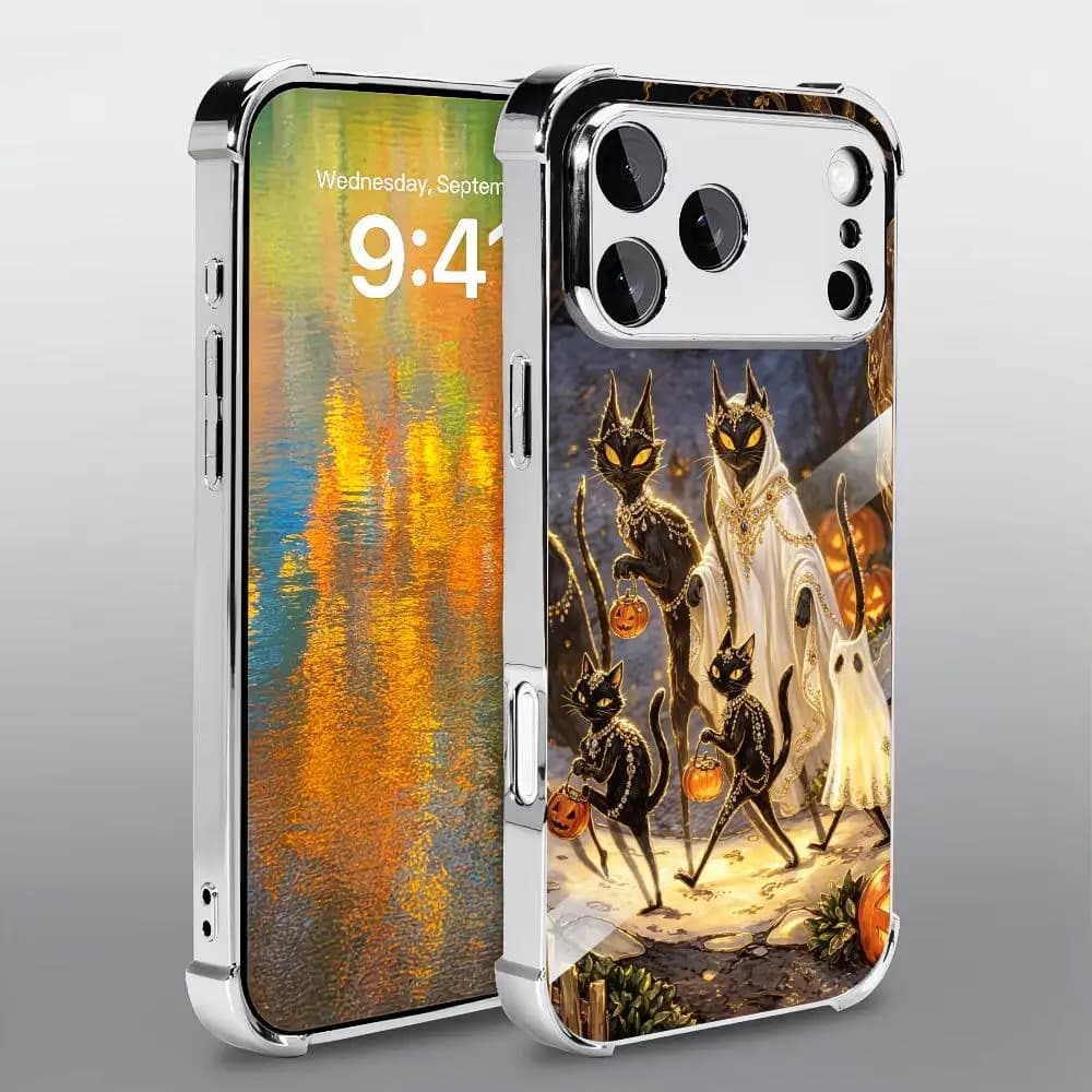 Halloween Black Cat glass phone case for coque iphone for carcasa iphone for rhode for iphone 17 、16、15、14、13、12pm Pro Plus
