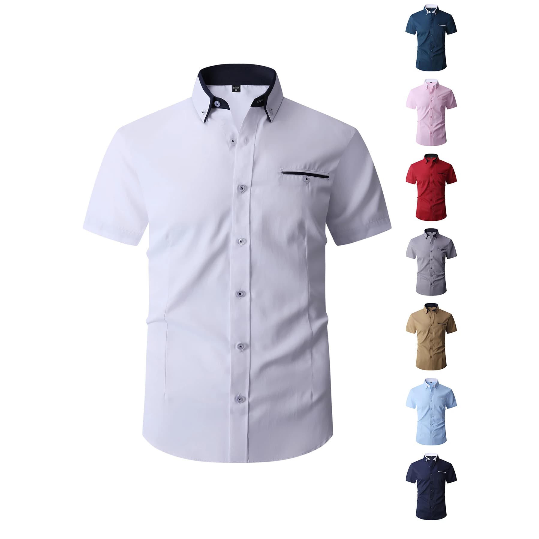 New Summer Men's Short Sleeve Shirt Fashion Lapel Splicing Business Slim Male Tops Solid Color Casual European Size Shirt