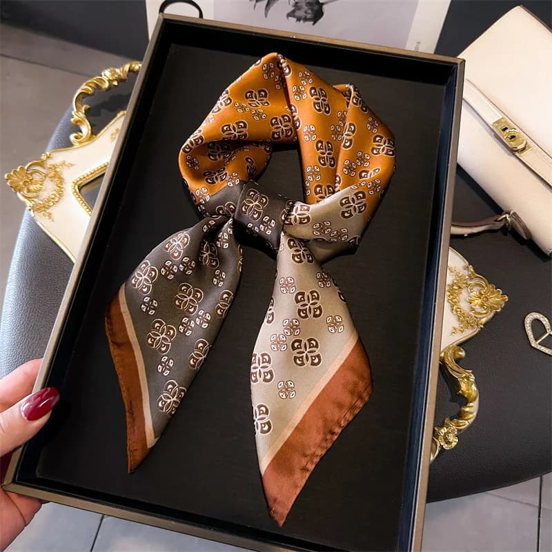 Luxury Vintage Floral Geometry Smooth Satin Scarf Daily Office Commute Neck Kerchief