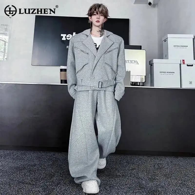 LUZHEN Coat 2025 Belt Autumn Blazer Zipper Decorate Men's Street Solid Color Baggy Casual Pants Men's Two-piece Sets JY7236