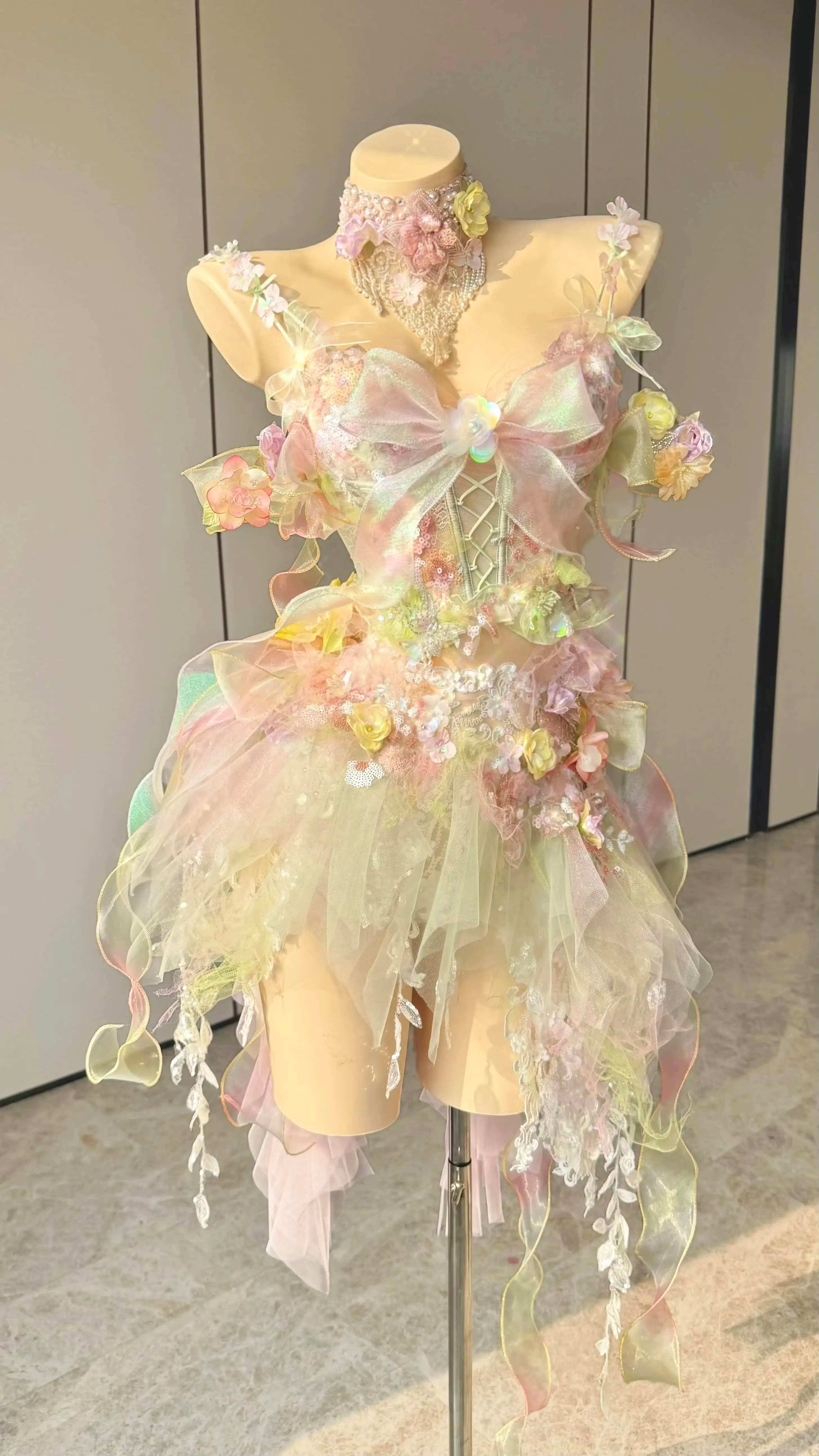 ZIWU Design Neon Forest Mermaid Formal Dress - Three-Dimensional Flower Tassel Short Style For Photography And Performance