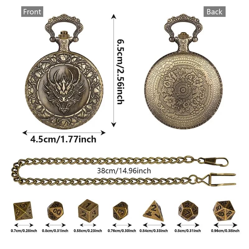 Set di 7 Dadi Poliedrici in Metallo Mini Formato con Testa di Drago in Bronzo, con Catena per Orologio da Tasca, per Giochi da Tavolo e di Ruolo