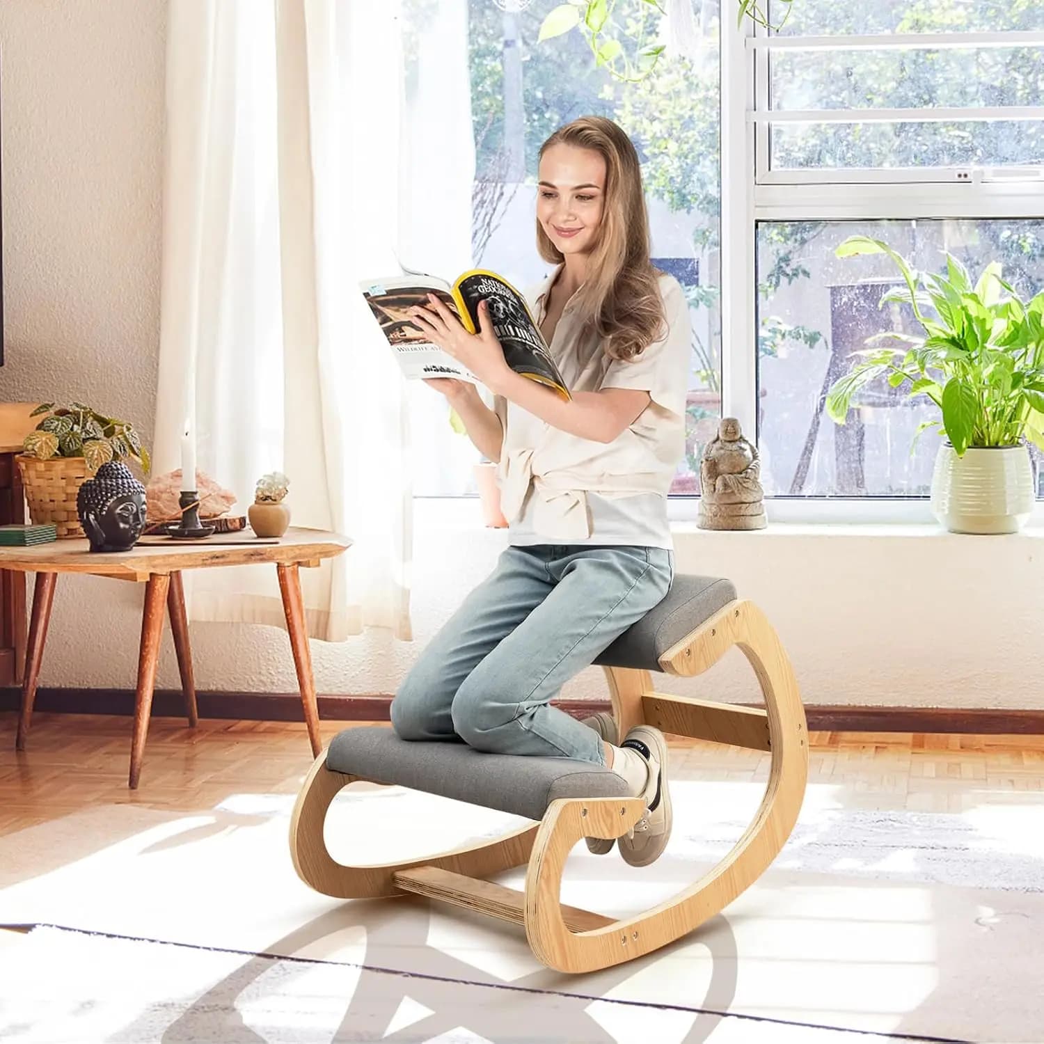 Sedia da scrivania ergonomica con cuscino, struttura in legno per alleviare il dolore a collo e schiena, supporto posturale, carico massimo 150 kg - Grigio