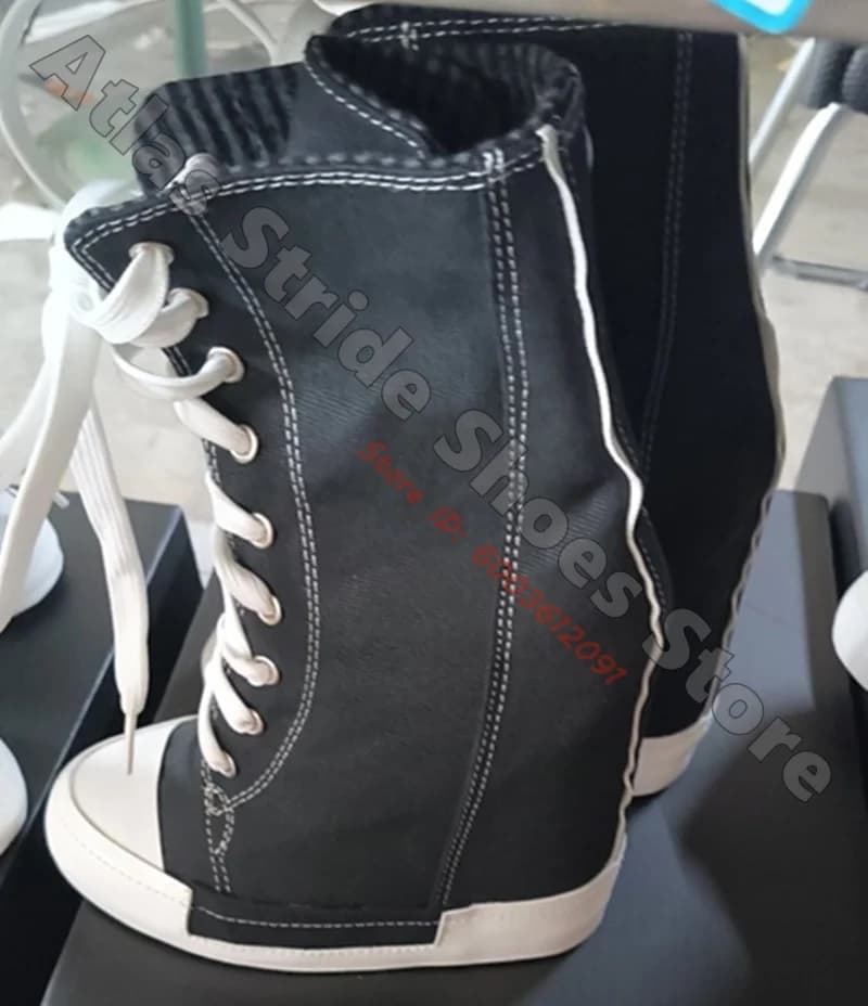Size 34-46 Fold‑Over Striped Cuff Hidden Wedge High‑Top Canvas Sneakers Contrast Toe Cap Lace‑Up Casual Street Commute Shoes