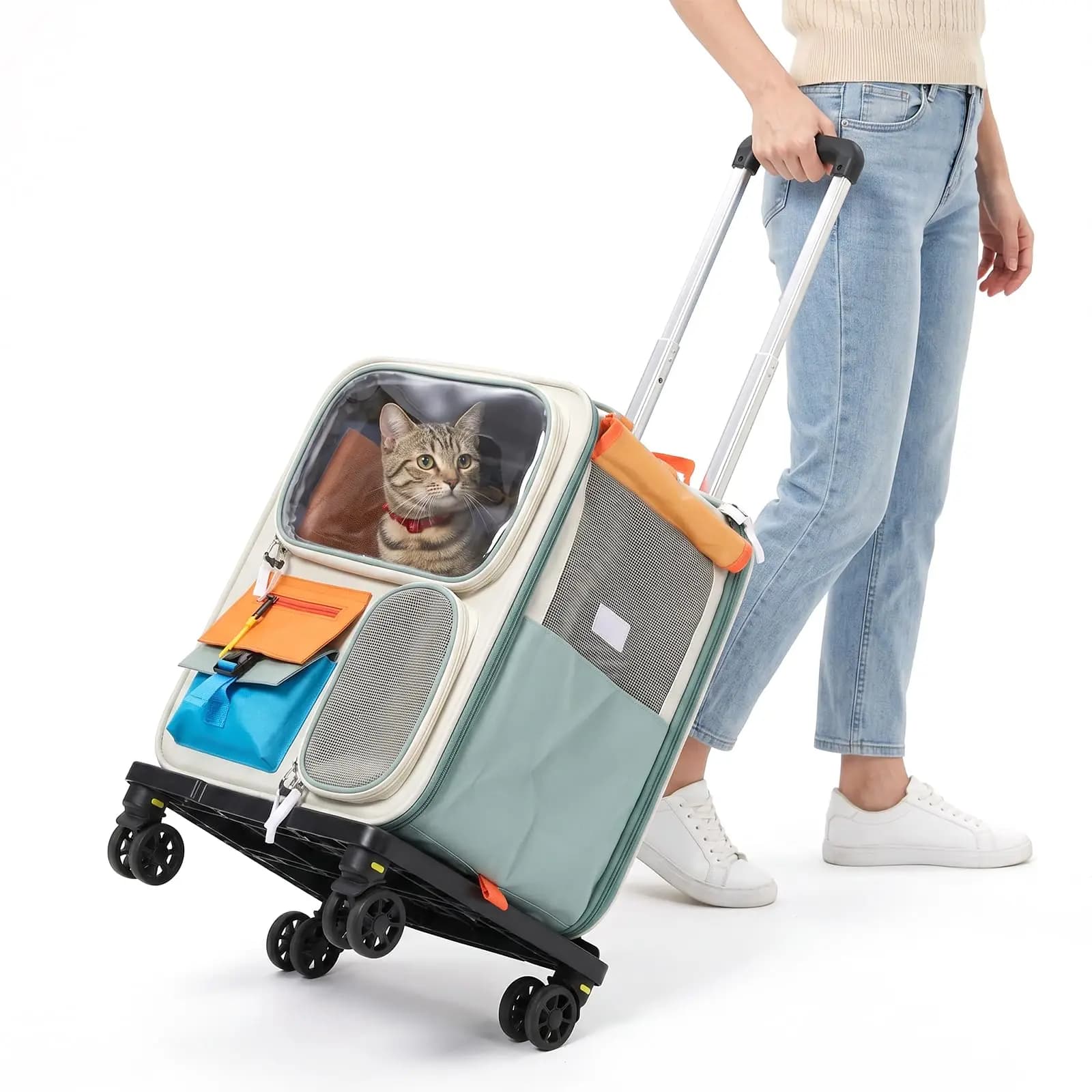Cat Carrier with Wheels,Foldable Rolling Pets Carrier on Wheel Outdoor Large Cat Carrier Cart Airline Approved for Cats or Small