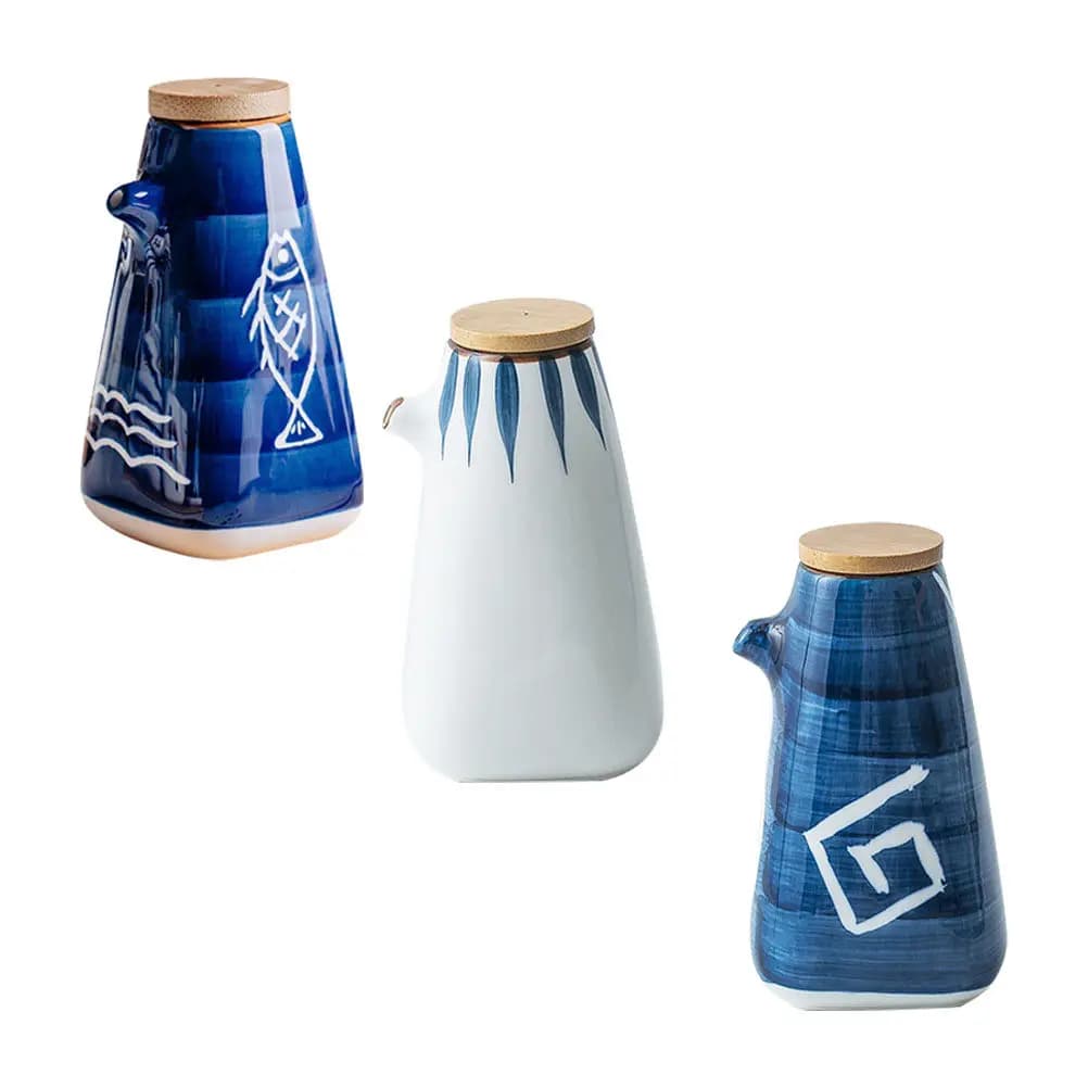 Set di 3 Contenitori per Salse in Stile Giapponese, Dispenser per Olio, Aceto e Salsa di Soia, Porta Condimenti Decorativo per Cucina e Tavola
