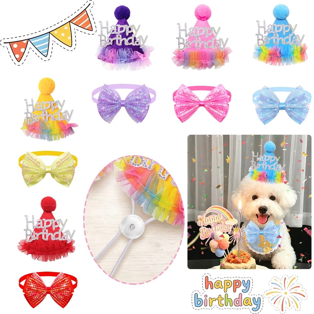 2PCS/Set Birthday Party Adjustable Dog Caps & Dog Bowties Set Lace Side Dog Bow Ties Shining Pet Grooming Accessories for Dogs