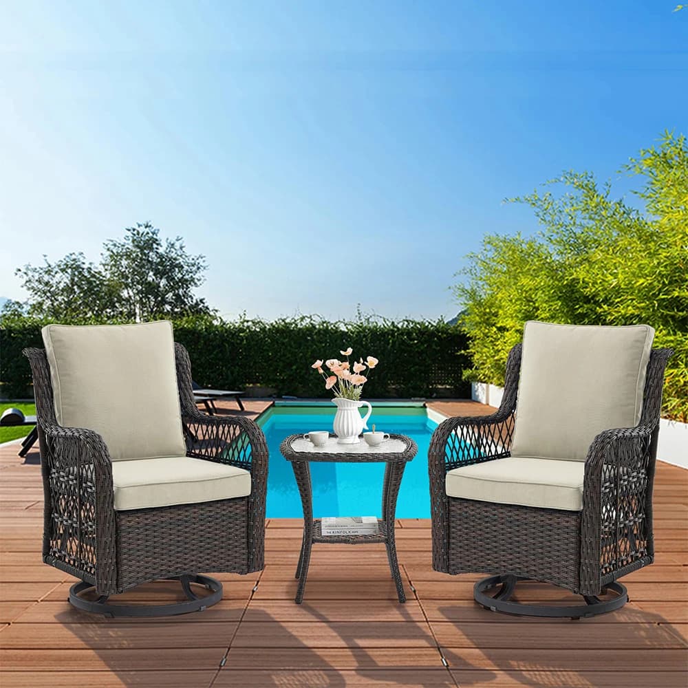 Patio Set in 3 Pieces, 2 Chairs and Glass Table, Rattan Exterior Furniture with Patio, Veranda and Garden cushions
