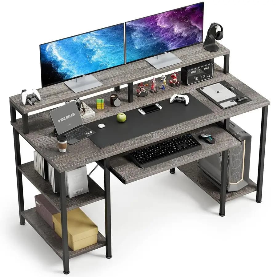 48 inch office desk with keyboard tray, 47 play desk with full monitor support, storage shelves for St CPU amplifier