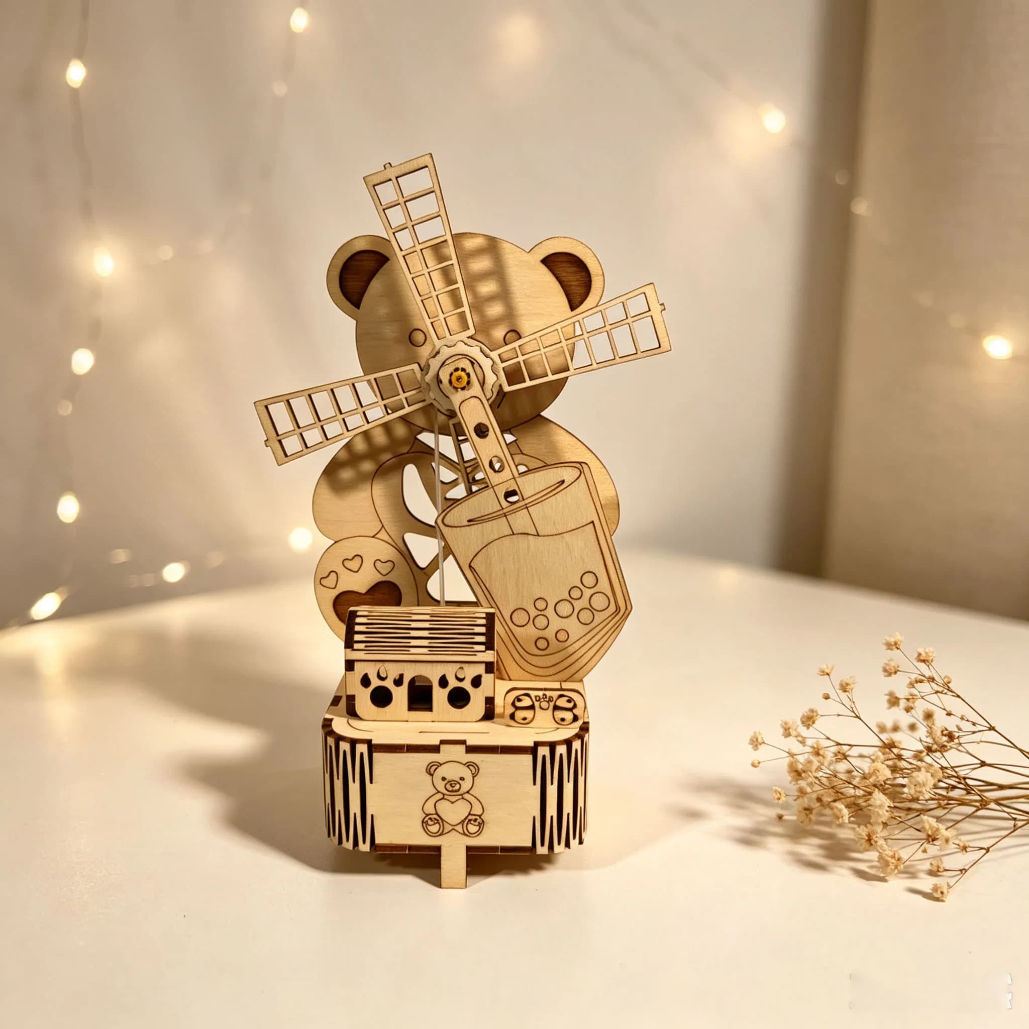 3D Puzzle, Wooden Windmill, Bear, and Milk Tea Music Box Assembly Kit, DIY Model Kit, Home Desktop Decor, Holiday Gift Craft