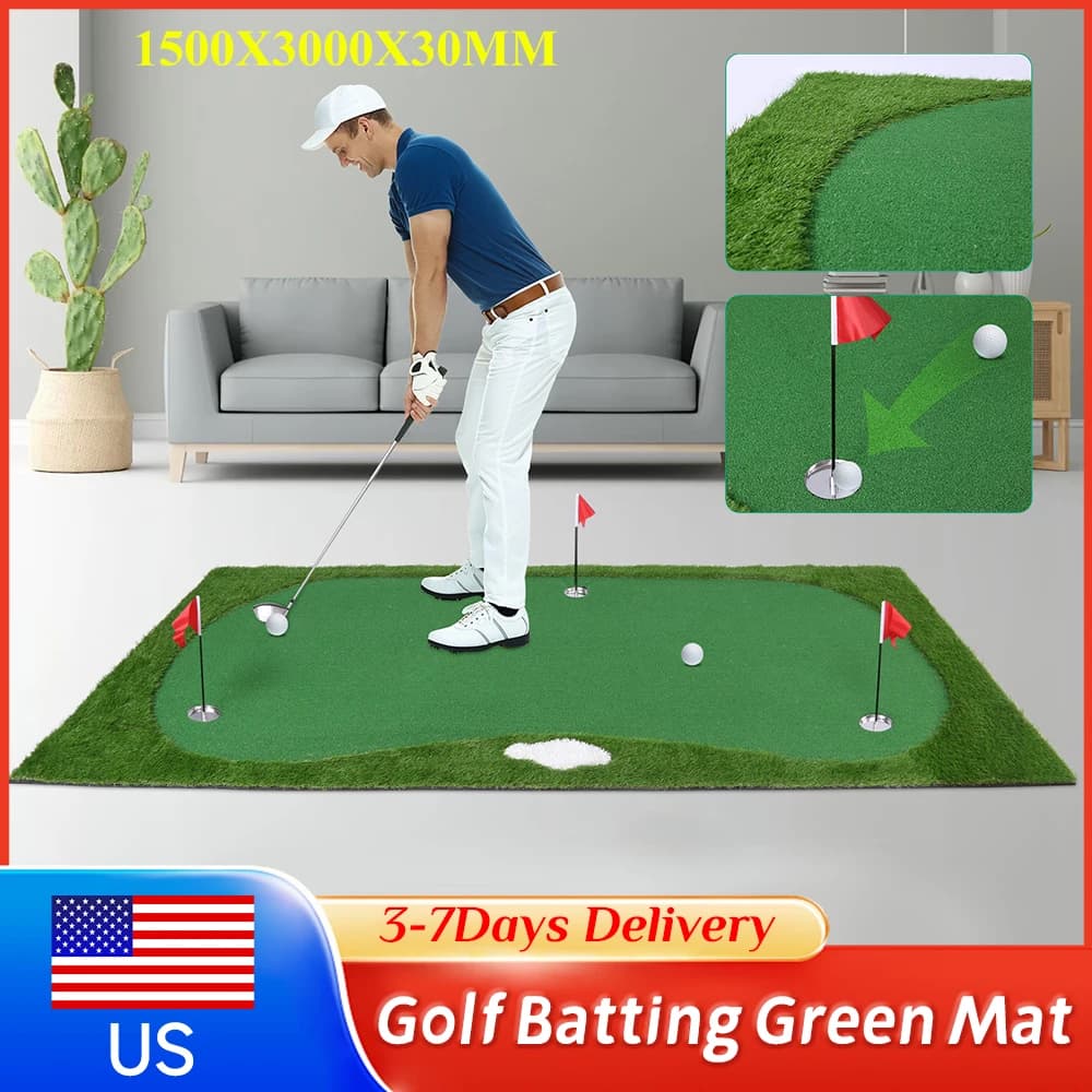 Tappetino da allenamento per il golf con vaschetta mobile/pedana inclinata 3x1,5m e vassoio porta palline per la pratica del putting